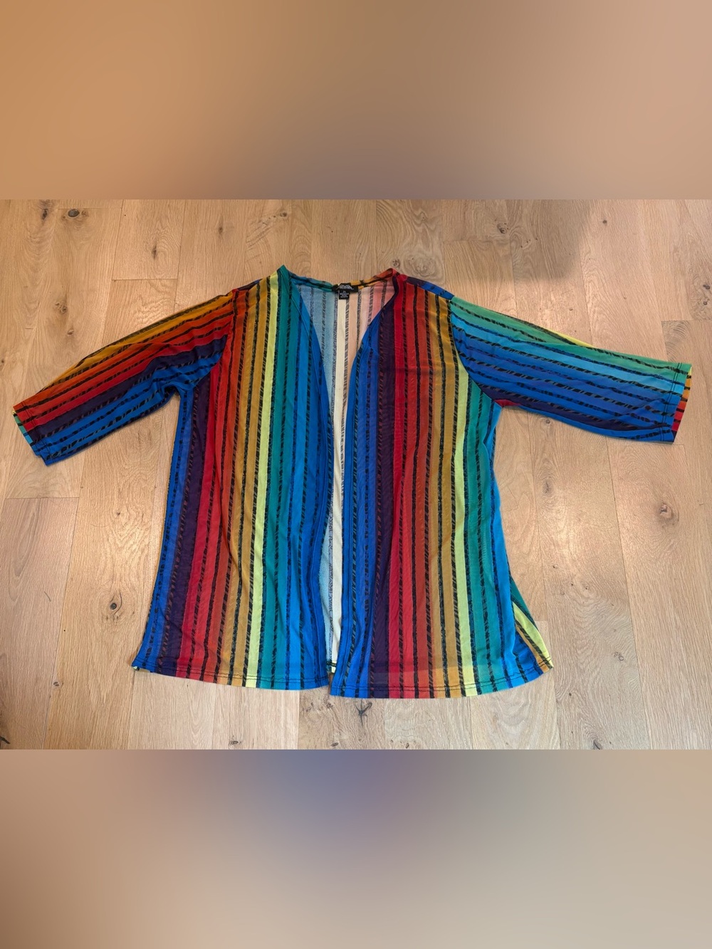 Rouge Collection Colorful Rainbow Striped Open Front Cardigan